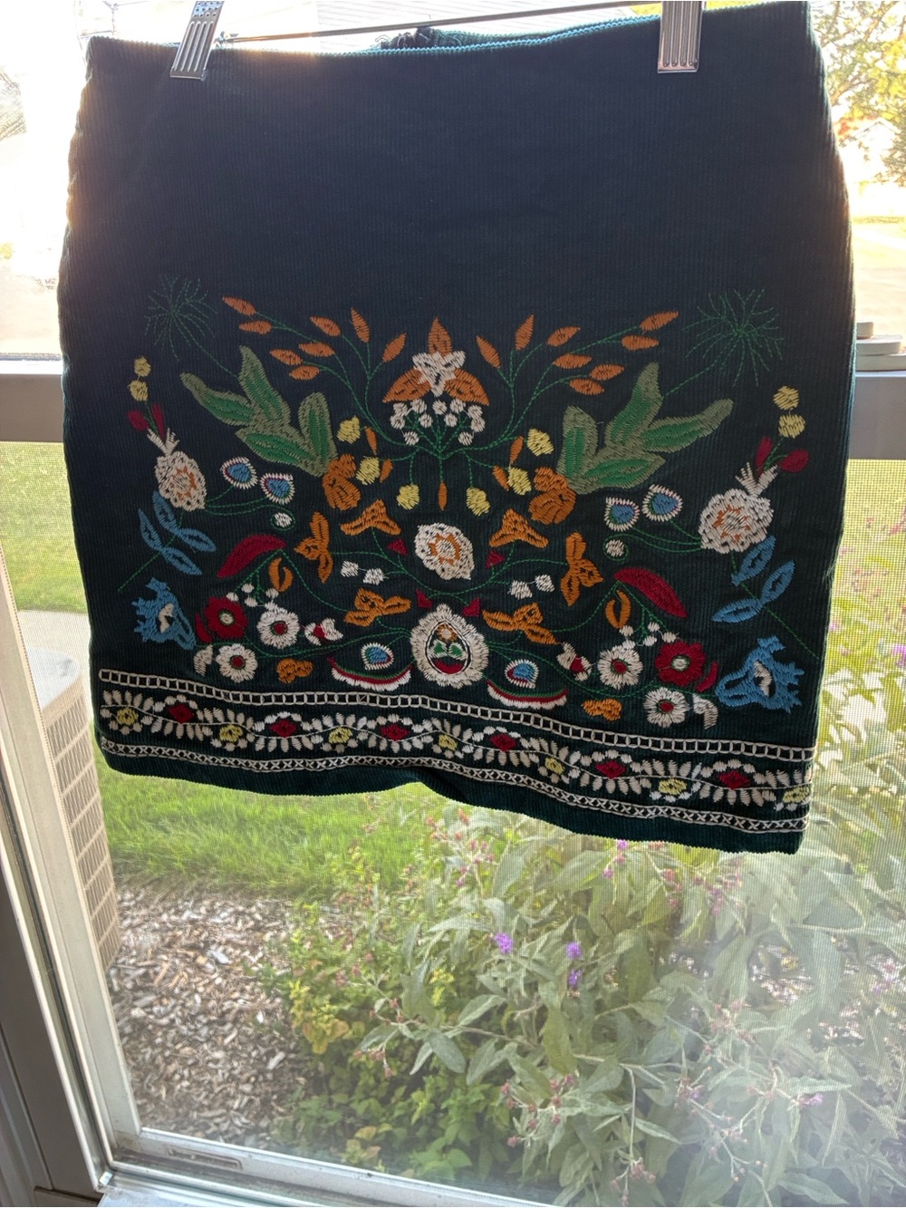 Simplee Apparel Green/Blue Mini Skirt with Multicolor Floral Embroidery